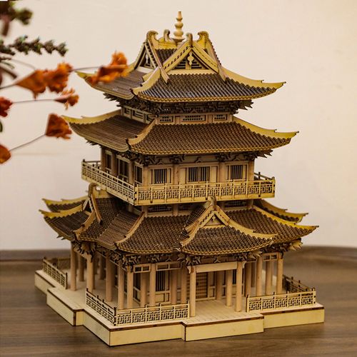 新中式中国古建筑摆件模型木质工艺品办公室装饰来图定制文创产品